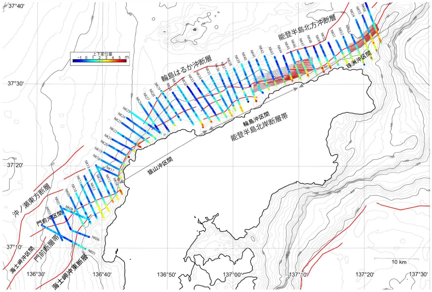 Geological map showing seismic survey lines and fault lines for geophysical exploration and earthquake monitoring.