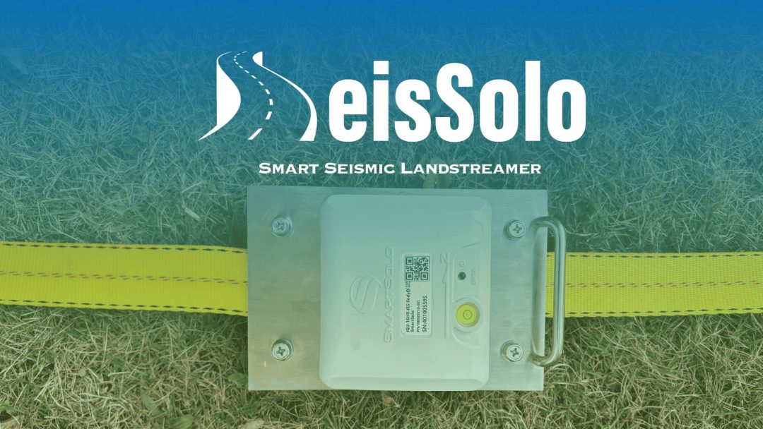 SmartSolo seismometer node for seismic survey and geophysical exploration. Text: "SeisSolo SMART SEISMIC LANDSTREAMER".