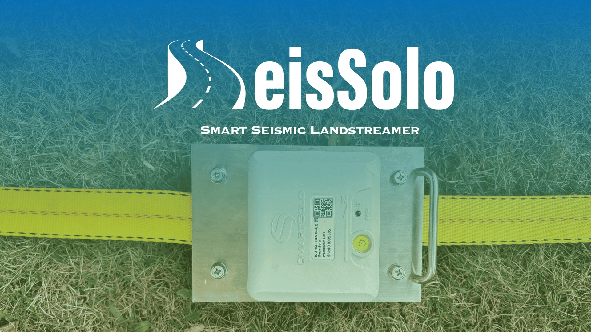 SmartSolo seismometer node for seismic survey and geophysical exploration. Text: "SeisSolo SMART SEISMIC LANDSTREAMER".
