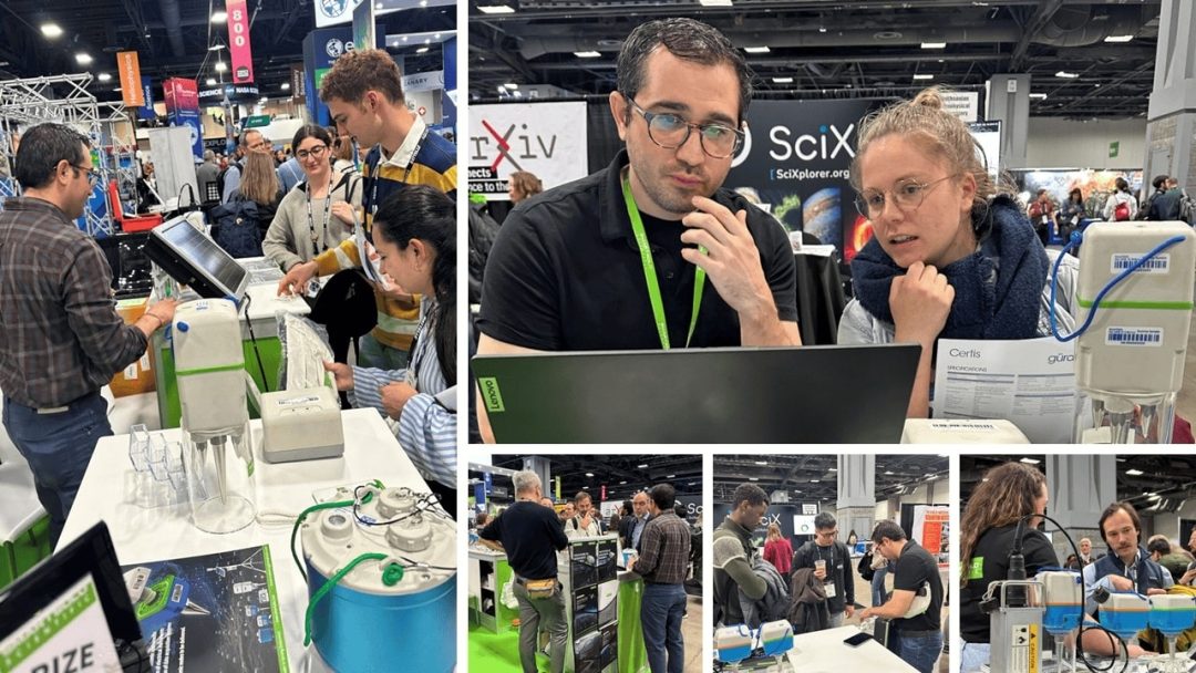 Attendees interact with seismic nodes and seismometers at a conference booth, discussing geophysical exploration technology.