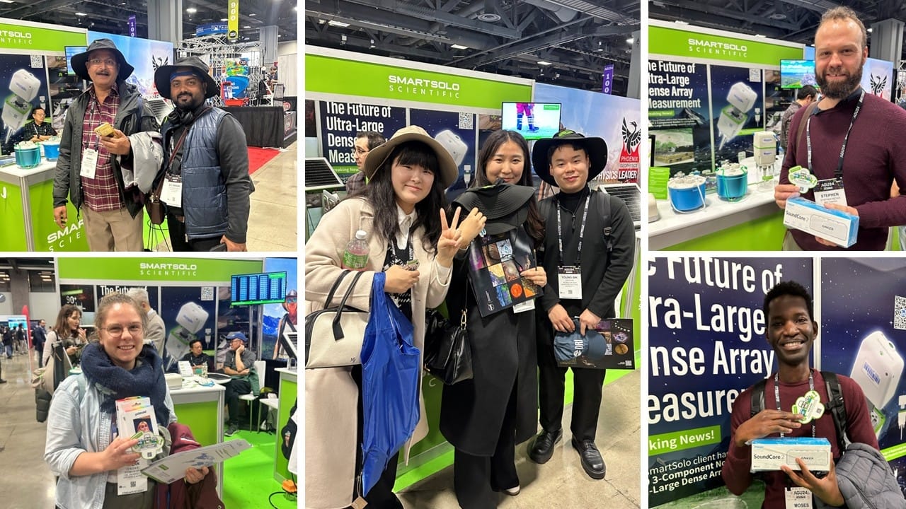 Visitors pose with SmartSolo seismometer nodes at a conference booth, showcasing the future of ultra-large dense array measurement for seismic surveys.