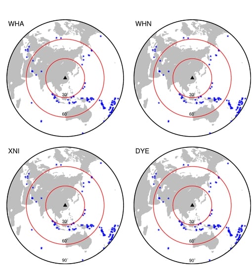 Four polar plots showing earthquake monitoring data with seismic activity represented by blue dots around a central black triangle, with red circles at 30 and 60 degrees.