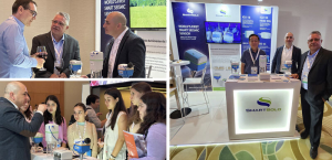 Collage of SmartSolo events: networking, booth with seismometers, and demonstrating nodes to students for geophysical exploration.