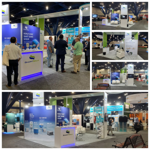 Collage of the SmartSolo booth at a trade show, showcasing seismometers and nodes for geophysical exploration.