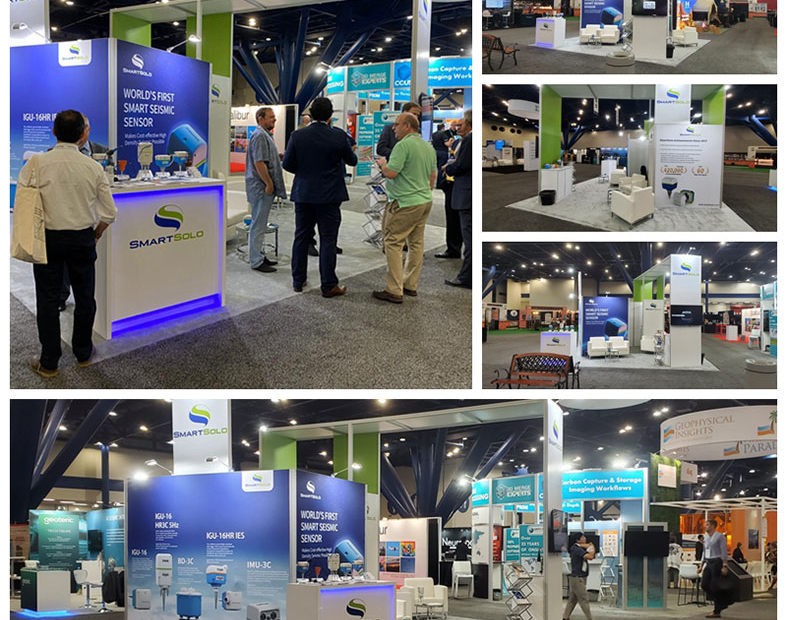 Collage of the SmartSolo booth at a trade show, showcasing seismometers and nodes for geophysical exploration.