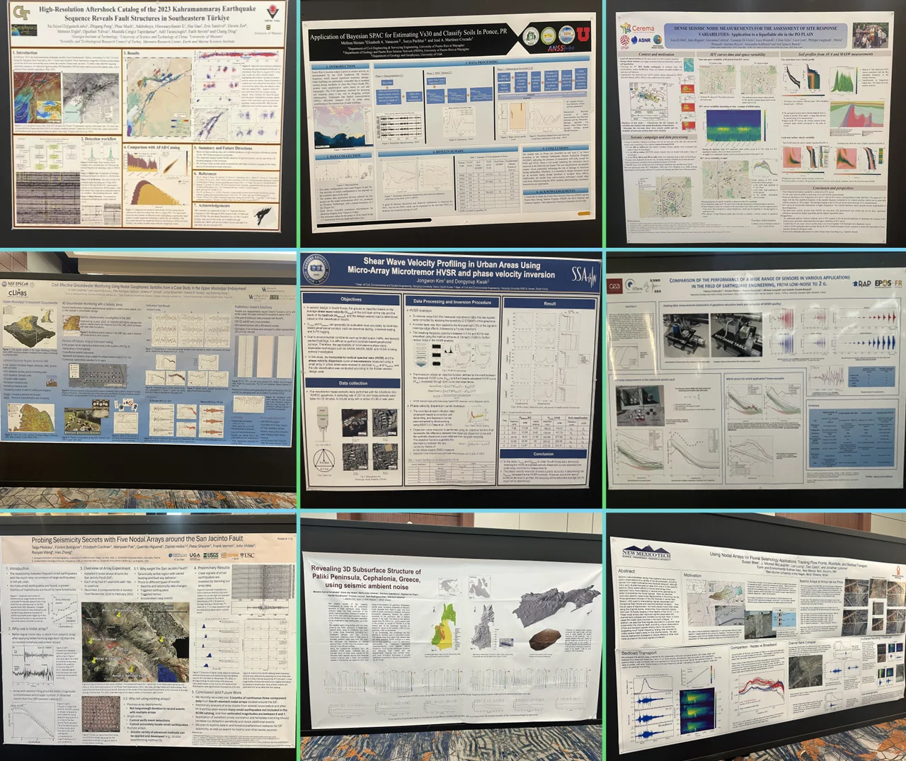 A collection of scientific posters detailing seismic surveys, earthquake monitoring, and geophysical exploration using seismometers and nodal arrays.