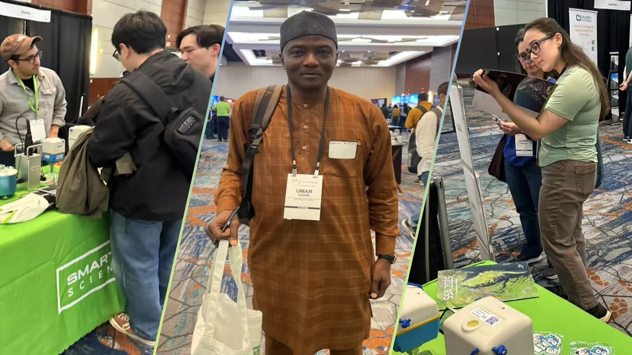 Collage: Attendees at a conference booth featuring SmartSolo seismometers and nodes for seismic activity and geophysical exploration.