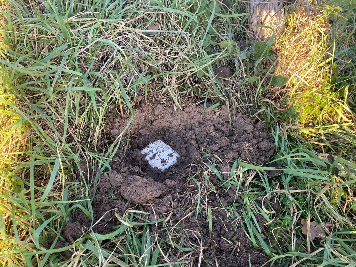 A seismometer IGU-16HR 3C buried in the ground for seismic activity detection.