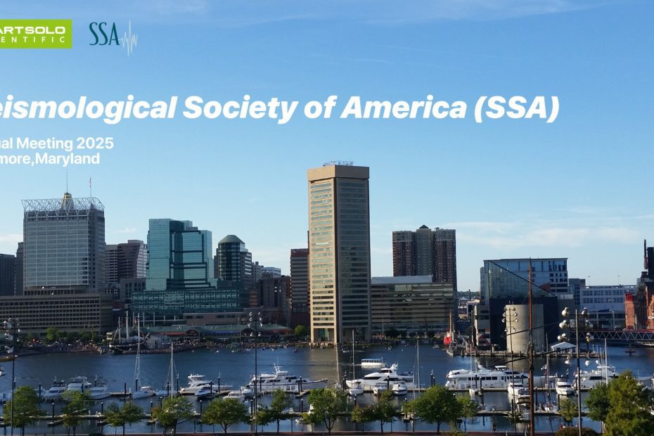 SmartSolo Scientific and SSA logos above text "Seismological Society of America (SSA) Annual Meeting 2025 Baltimore, Maryland" over a cityscape with a harbor and boats.