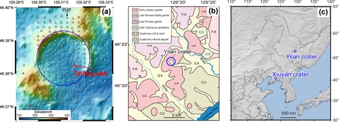 Geological information and distribution of seismic stations at Yilan Crater. (a) Topography and station distribution (white triangles) at Yilan Crater. (b) Geological sketch map of the crater and surrounding areas. (c) Location of the two documented craters in China.