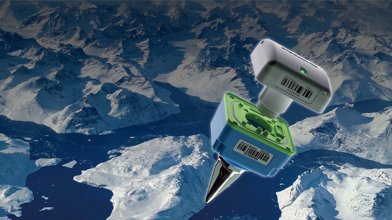 SmartSolo geophysical survey equipment, including the IGU-16 Body and Battery, is displayed against a backdrop of snow-covered mountains, showcasing its suitability for harsh environments.