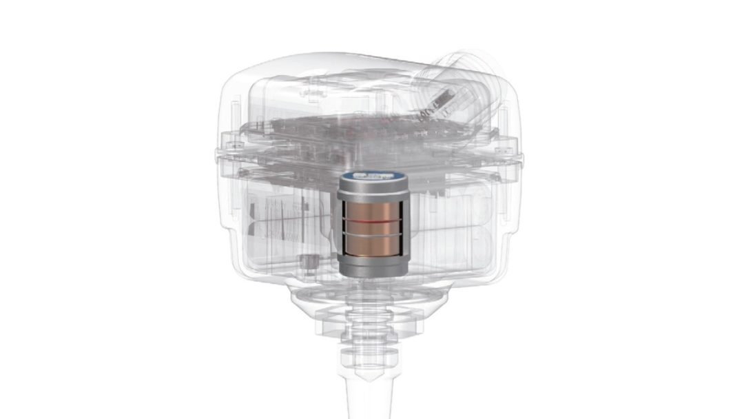 Illustration of a geophone sensor with a transparent casing, revealing the internal components including the coil and circuitry. Ideal for seismic data acquisition.