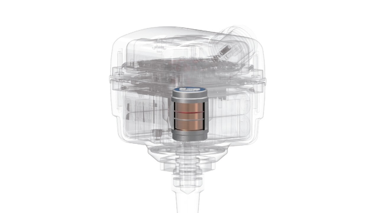 Illustration of a geophone sensor with a transparent casing, revealing the internal components including the coil and circuitry. Ideal for seismic data acquisition.