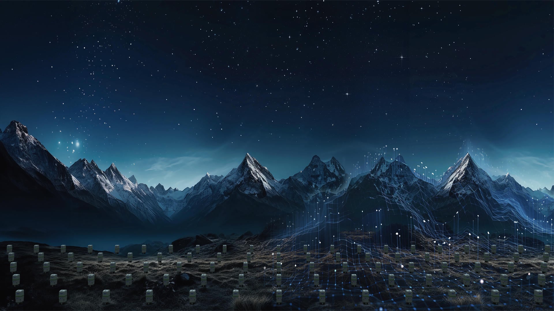A wide, scenic view of a seismic survey at night, showing seismic equipment deployed in a field with snow-capped mountains under a starry sky. Digital network overlay.