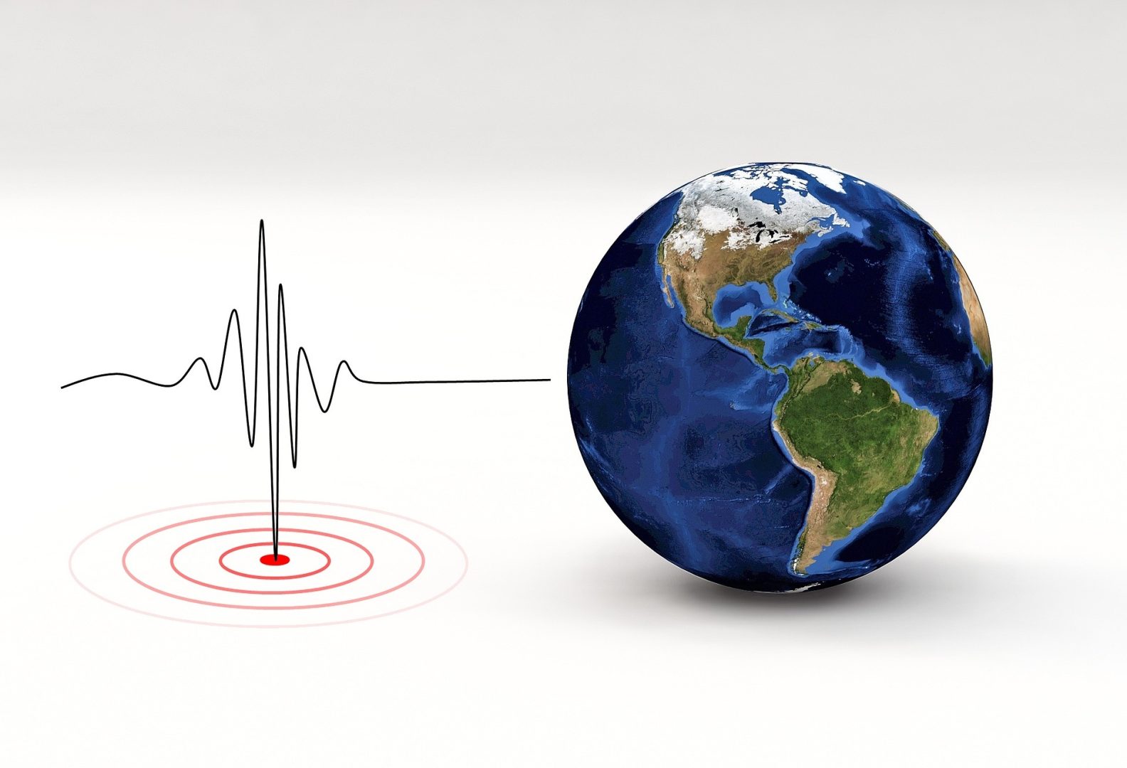 Illustration of earthquake monitoring, featuring a seismic waveform, concentric circles indicating the epicenter, and a globe showing the Americas. Ideal for seismology content.